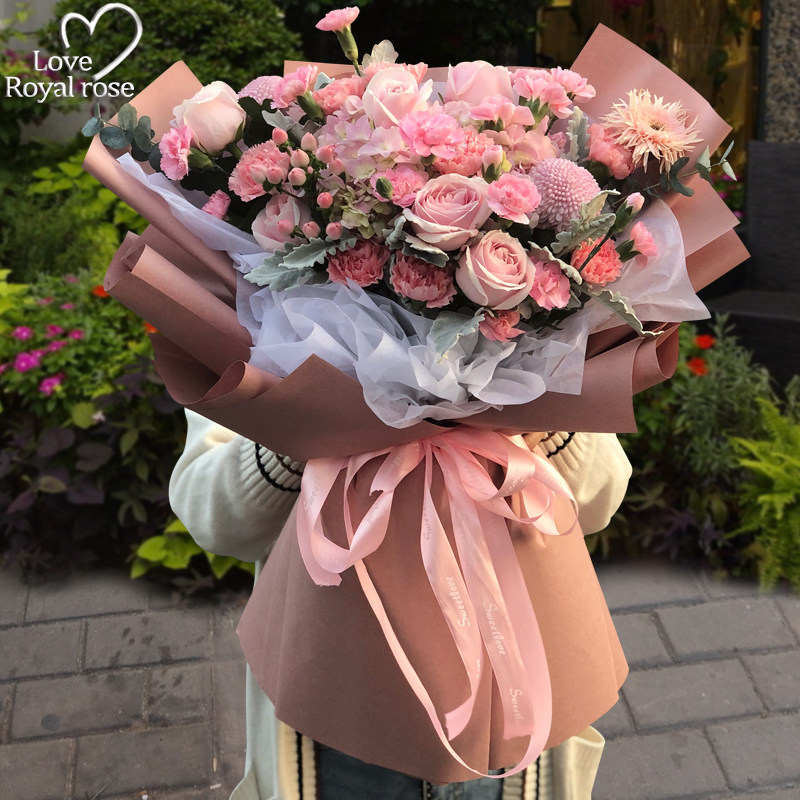 杭州鲜花速递同城玫瑰花康乃馨绣球混搭花束长辈生日订花店送上门