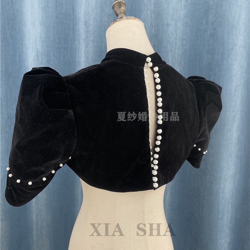 黑色丝绒抹胸婚纱礼服肩饰披肩遮肩膀旗袍披肩晚礼服外套珍珠流苏
