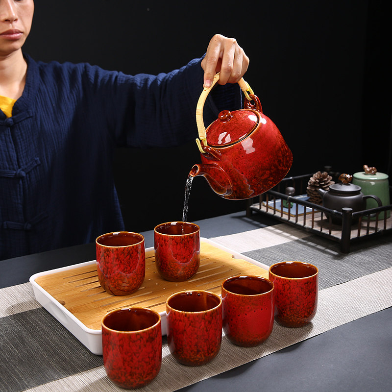 窑变茶具套组家用简约现代中式提梁茶壶带过滤陶瓷大号杯子泡茶器