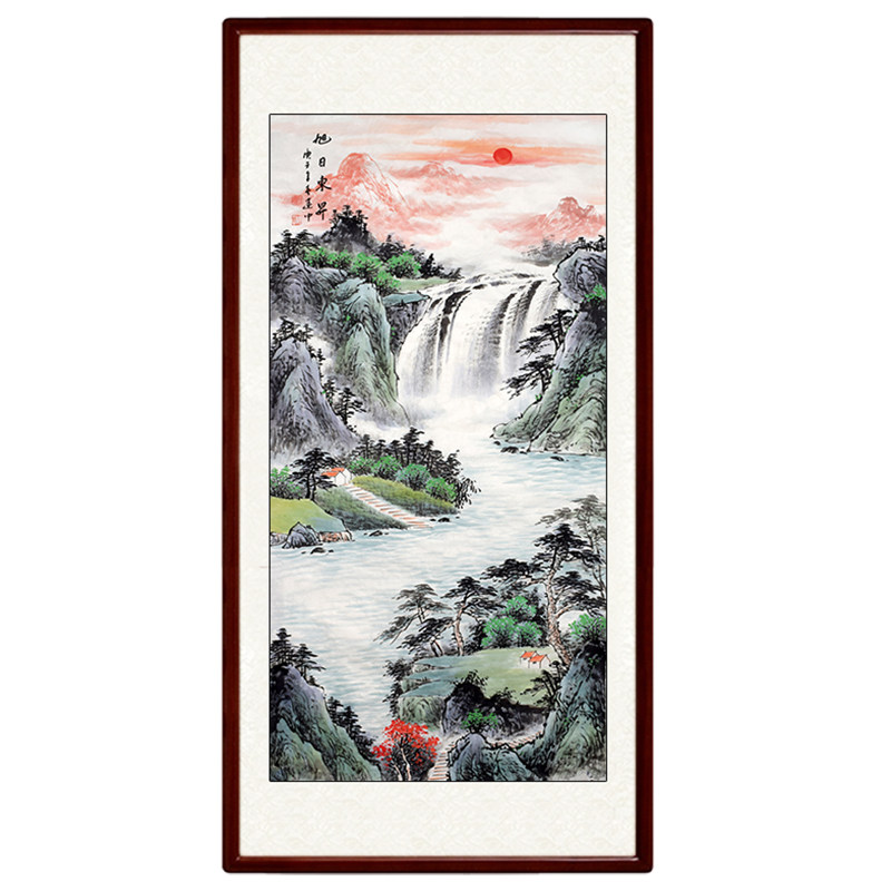 旭日东升纯手绘四尺竖版山水画真迹玄关办公室挂画卷轴装饰画招财