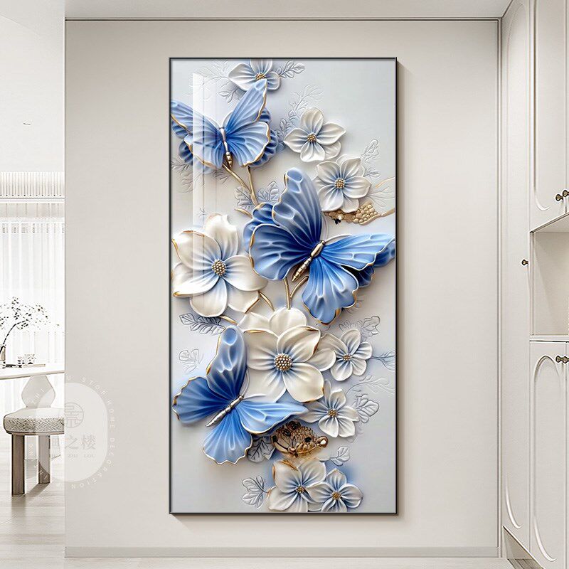蝴蝶轻奢大气玄关装饰画入户正对门立体感花卉走廊过道挂画晶瓷画