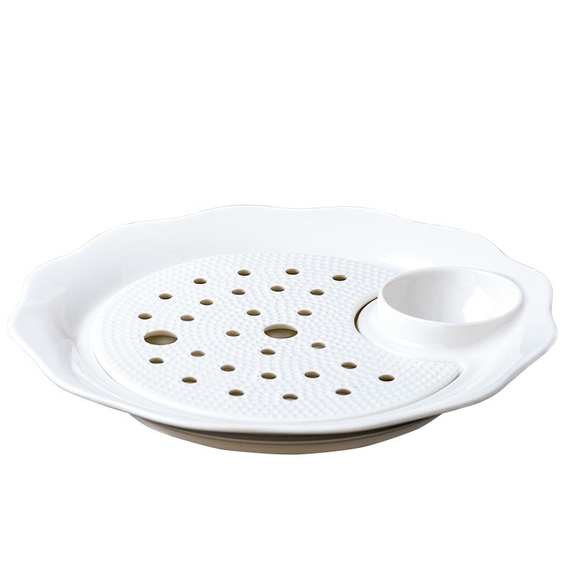 饺子盘陶瓷大号沥水双层盘带醋碟水饺盘家用创意吃饺子专用纯白碟