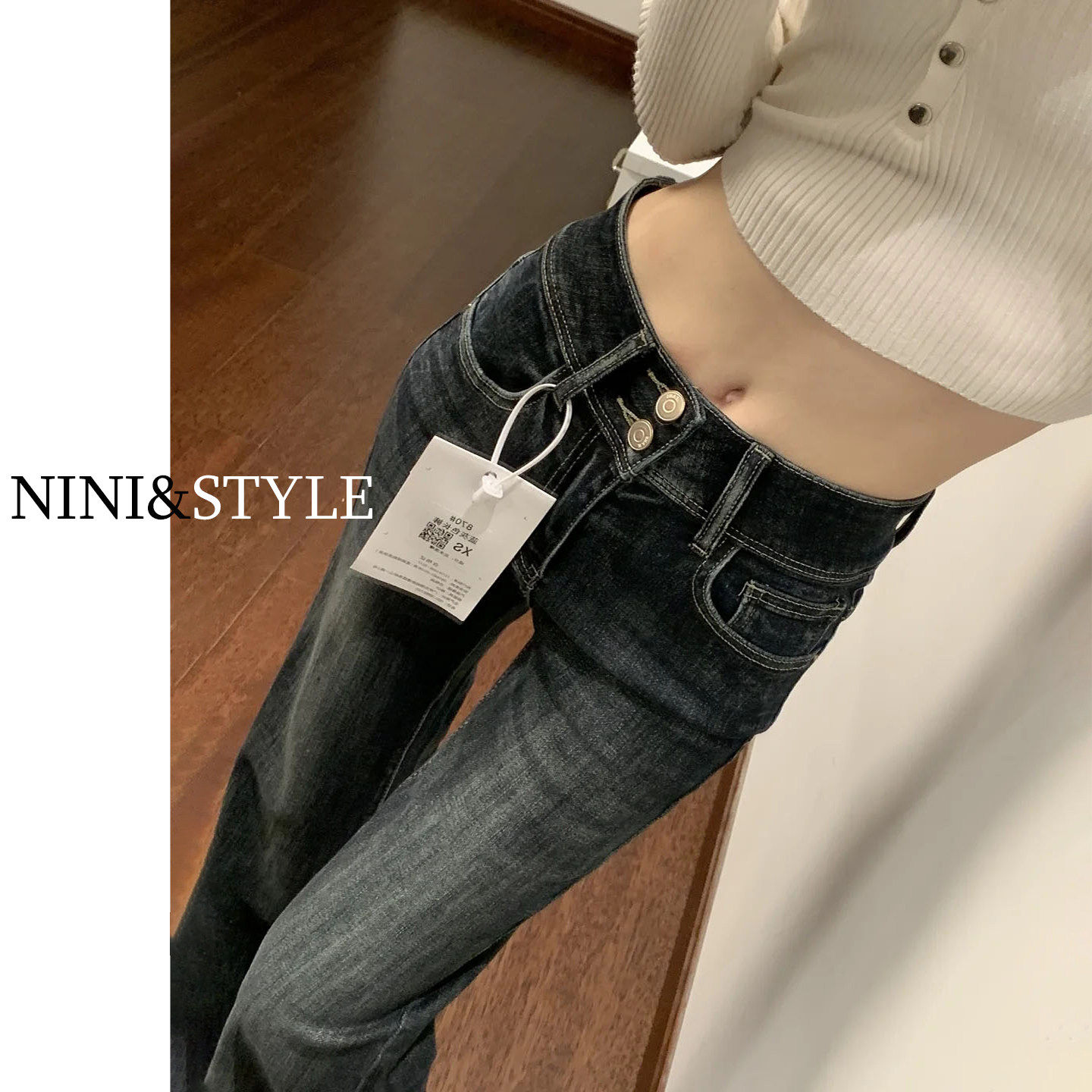 蓝灰色加绒美式微喇牛仔