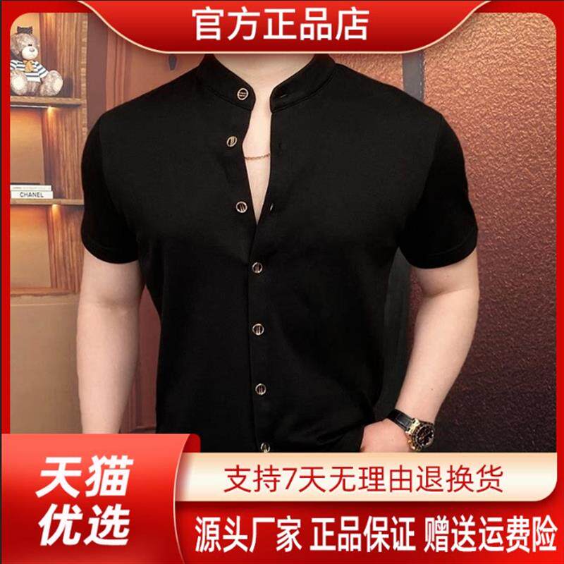 路西威男装专柜品质亨利领男士高档时尚夏季半袖衬衫翻领修身商务