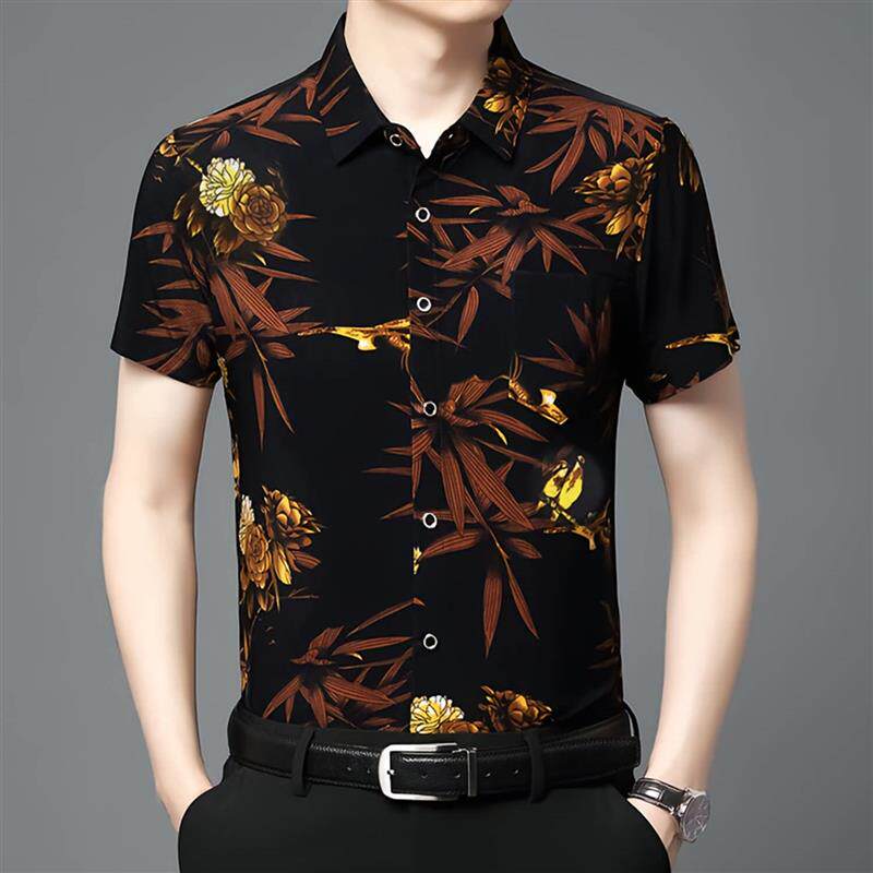 宏嫩男装2026夏季薄款冰丝短袖衬衫印花高档休闲中年口袋免烫T恤