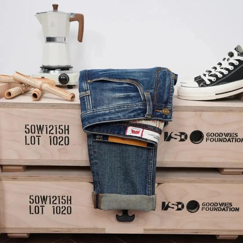 墨然轻奢C男士经典刺绣牛仔裤水洗蓝色中腰修身小直筒休闲百搭男