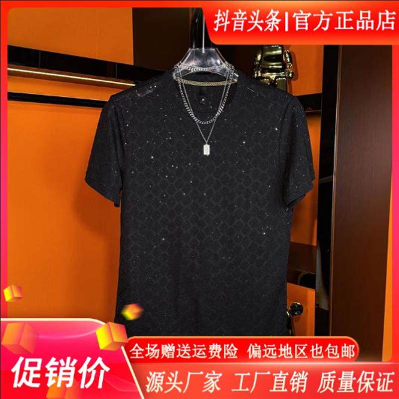卡彬男装专柜品质新款男重工亮片圆领提花短袖T恤潮休闲时尚上衣