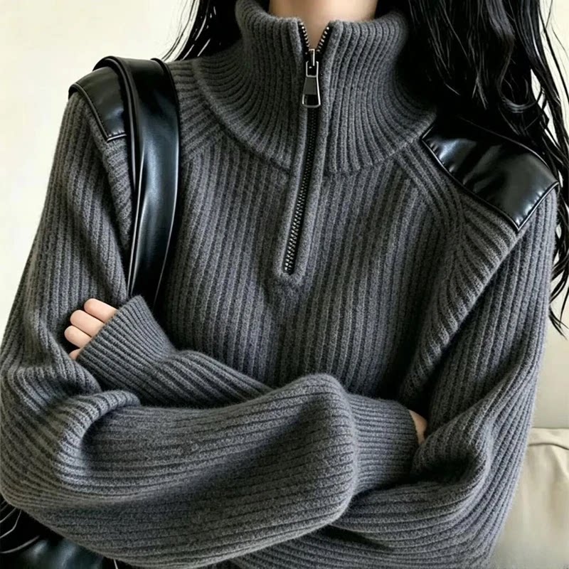 1伽倩秋冬黑灰色半拉链高领针织衫女慵懒风宽松长袖洋气内搭毛衣