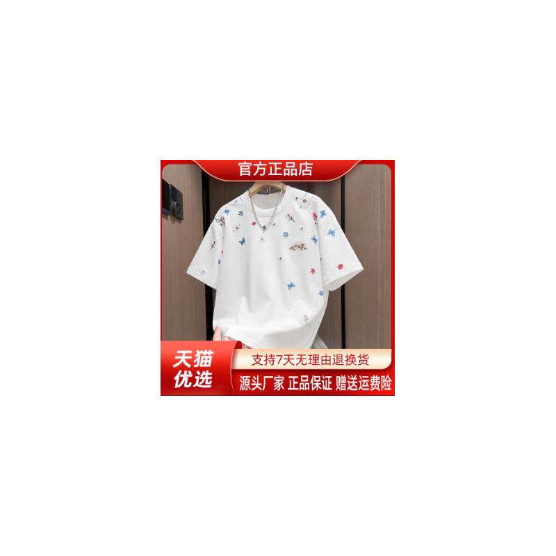 绅度轩服饰LMVQ蝶恋花刺绣圆领短袖T恤男扇子国风潮牌夏韩版痞帅
