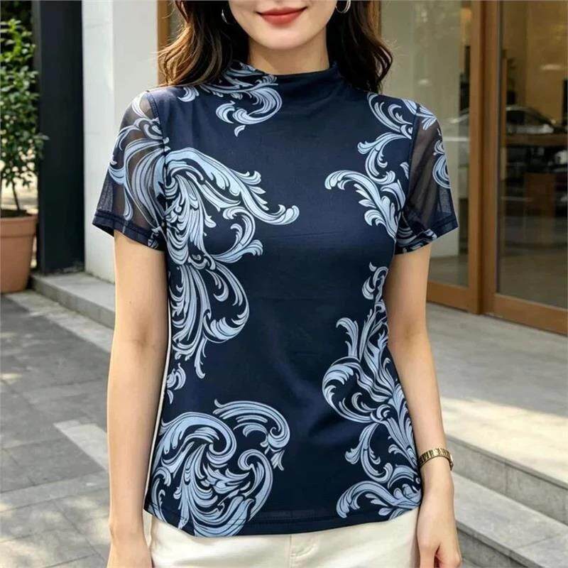 耀芸尚精选铺深蓝色浪涛半高领时短袖T恤新款网纱上衣女款夏百搭