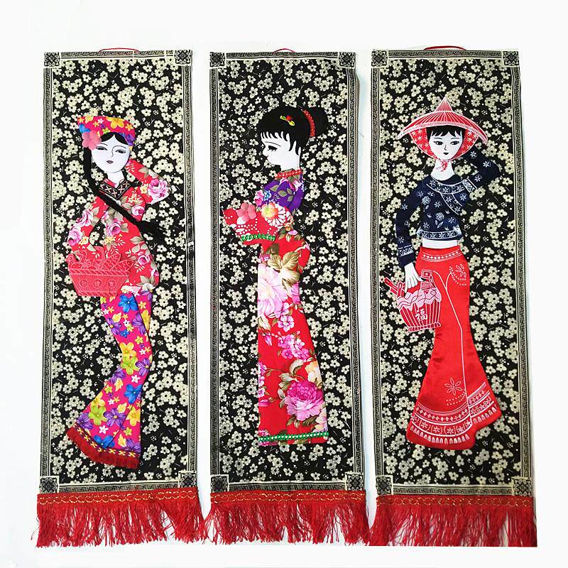 幼儿园装饰店铺橱窗画布艺拼贴人像画蜡染梅花黑底手工艺挂画