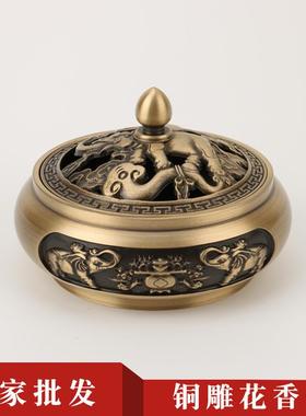 平低雕花铜香炉三足雕花铜香炉香薰炉摆件家用工艺品源头厂家
