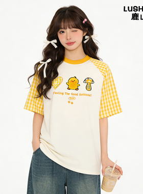 鹿山野 严选美式复古格子插肩袖刺绣T恤女夏季新款宽松学院风短袖