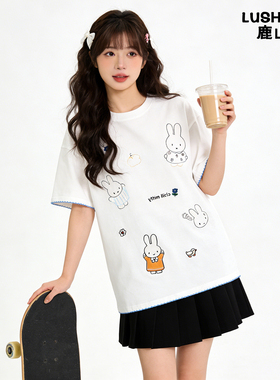 鹿山野 严选韩系可爱米菲兔刺绣短袖T恤女2026夏季设计圆领宽松潮