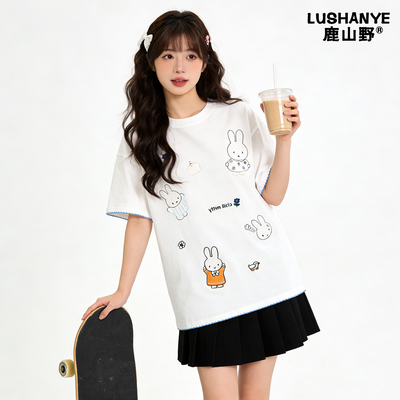 鹿山野 严选韩系可爱米菲兔刺绣短袖T恤女2026夏季设计圆领宽松潮