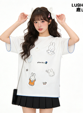 鹿山野 严选2026夏季新款甜美可爱卡通刺绣圆领纯棉短袖T恤上衣潮