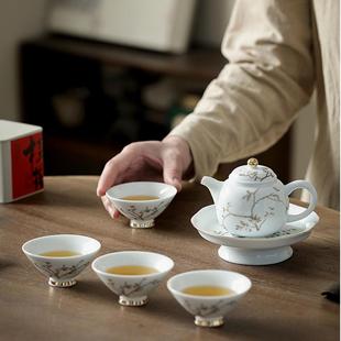 泡茶壶茶杯景德镇高档礼盒 羊脂白玉瓷描金家用盖碗功夫茶具小套装