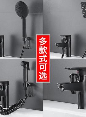 脸黑色全铜孔面盆冷热22211水龙头带淋单浴喷头花洒洗盆双台用洗