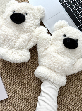 2025新款白色小熊毛绒手套女可爱毛茸茸加绒加厚保暖骑行挂脖冬季