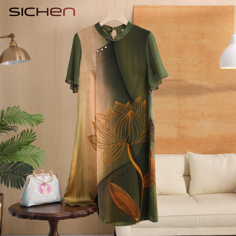 妈妈时尚夏装旗袍宽松遮肚连衣裙