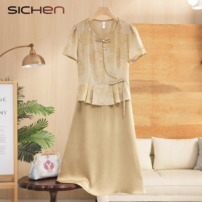 妈妈夏装洋气新中式假两件连衣裙