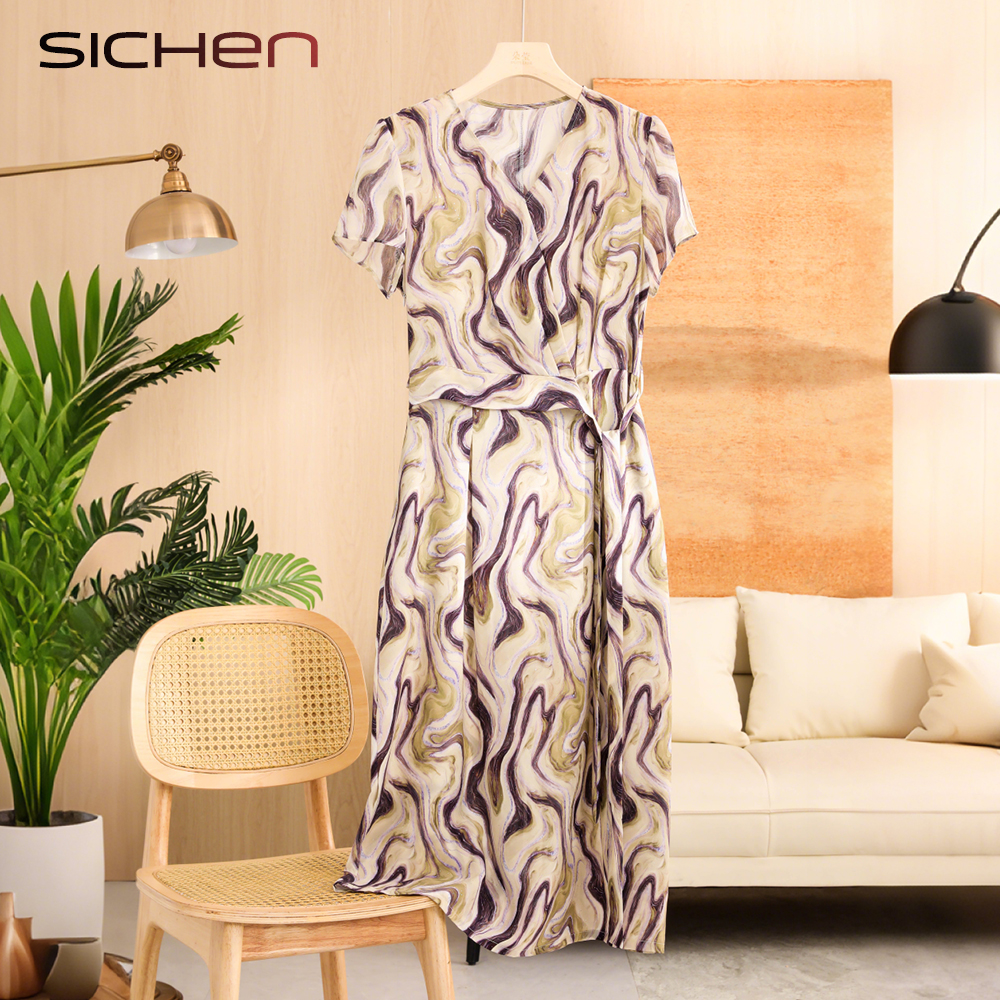 妈妈夏装洋气花色连衣裙收腰系带