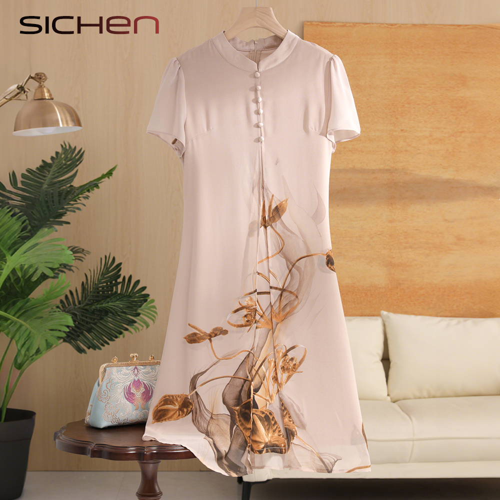 妈妈夏新中式国风连衣裙洋气雪纺