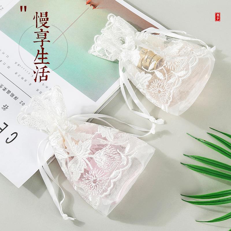 白色枫叶抽绳束口袋首饰礼品收纳袋竹节纱花边纱袋可布袋包边