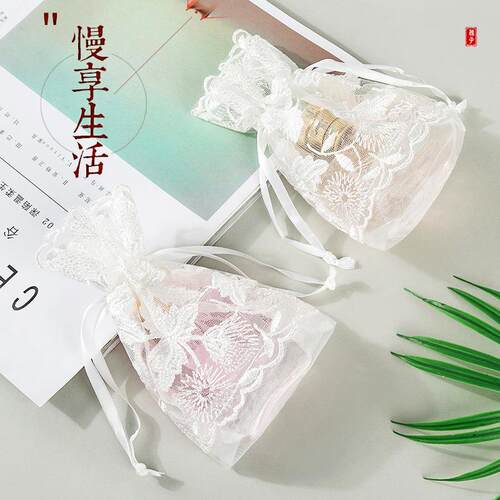 白色枫叶抽绳束口袋首饰礼品收纳袋竹节纱花边纱袋可布袋包边