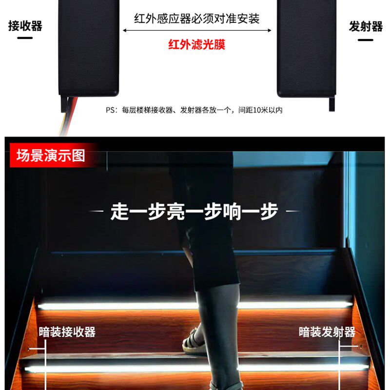 红外人体发射接收器台阶楼梯感应开关家用智能摇控模块一步一亮W