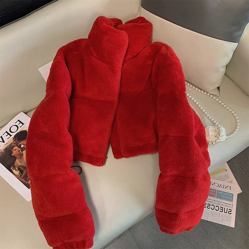 高级感超好看红色短款羊羔毛加厚棉服外套女秋冬小众别致百搭棉衣,女装/女士精品,棉衣/棉服,淘宝优惠券,粉丝福利购,淘宝优惠卷