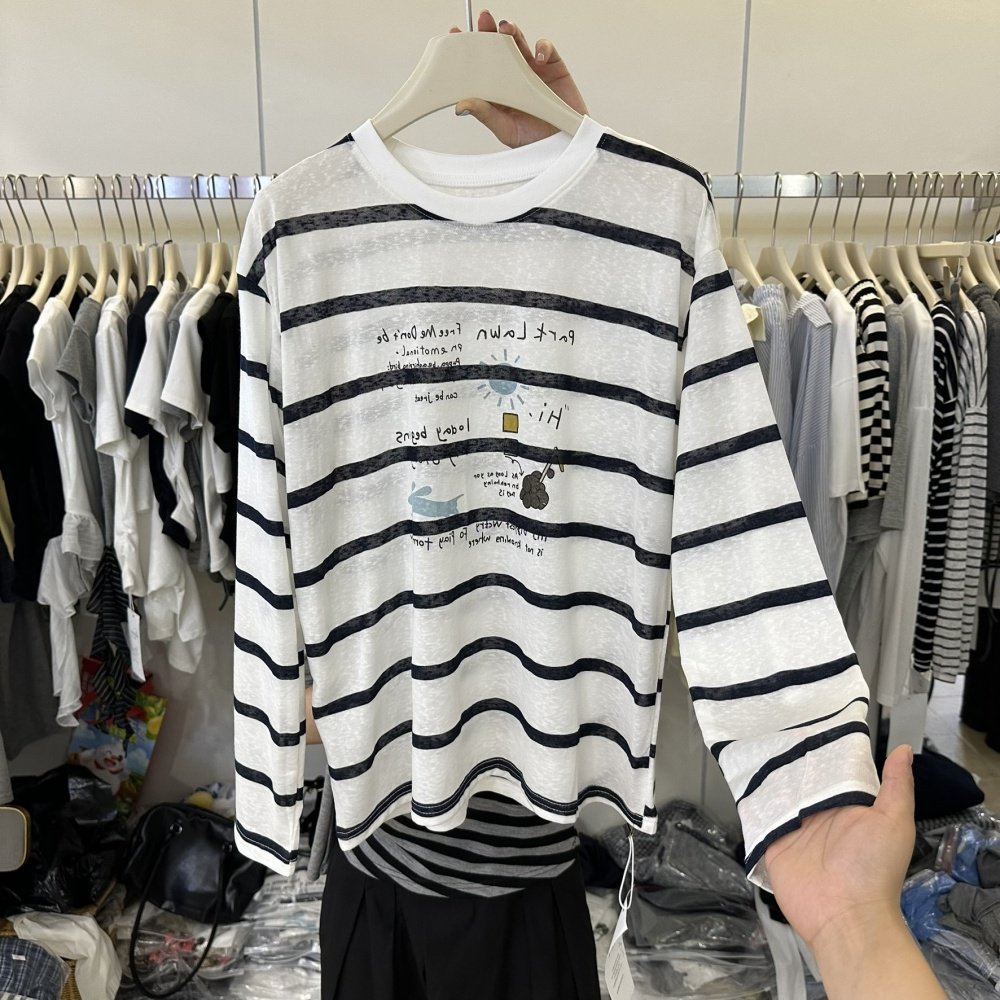 港风复古黑白条纹圆领长袖T恤秋季欧货时髦宽松薄款防晒罩衫上衣
