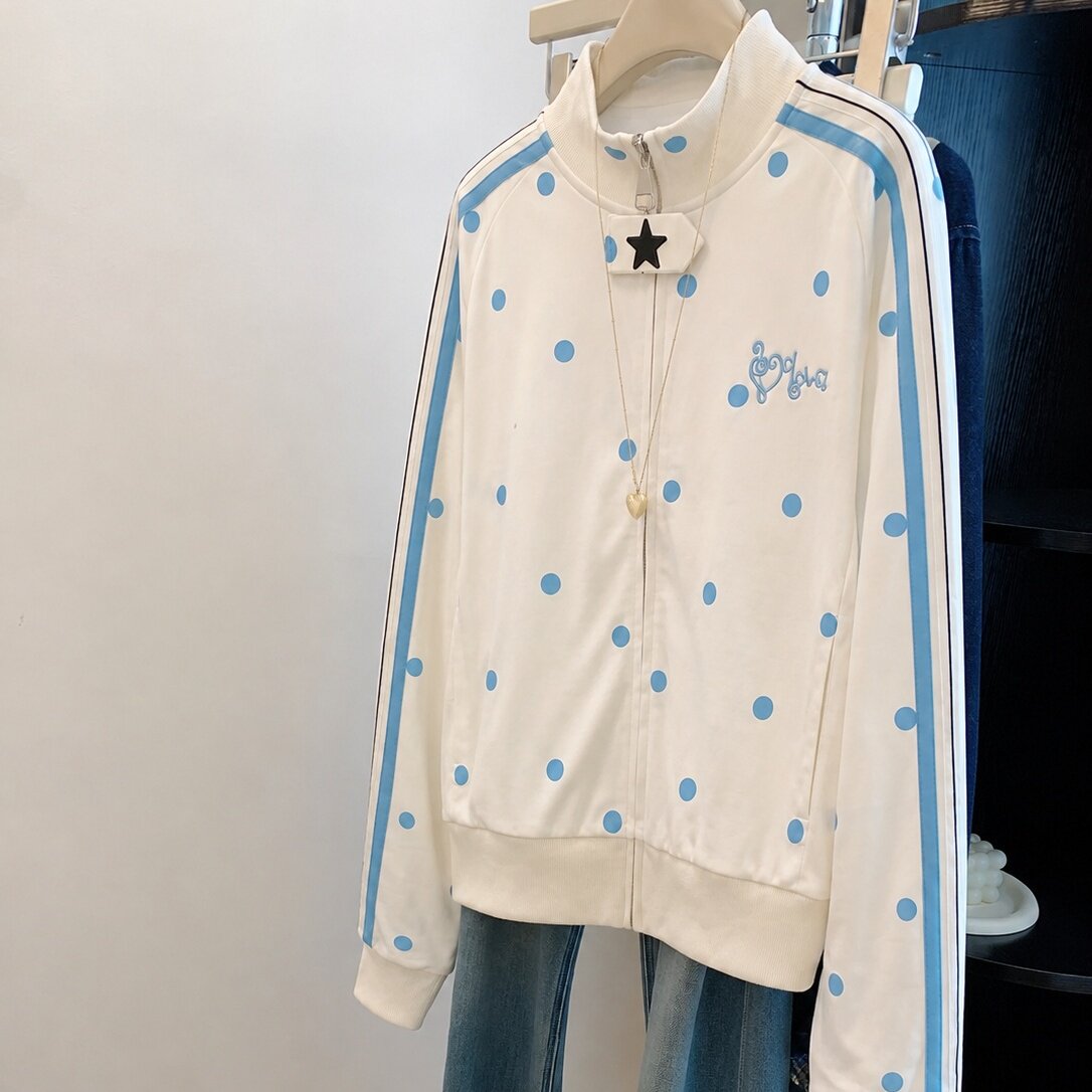 日系甜美撞色波点条纹立领开衫卫衣女春秋薄款宽松运动棒球服外套
