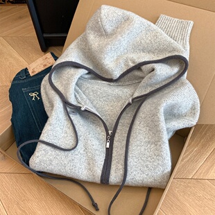 韩系小众休闲百搭双拉链连帽针织开衫女春秋高端复古宽松毛衣外套