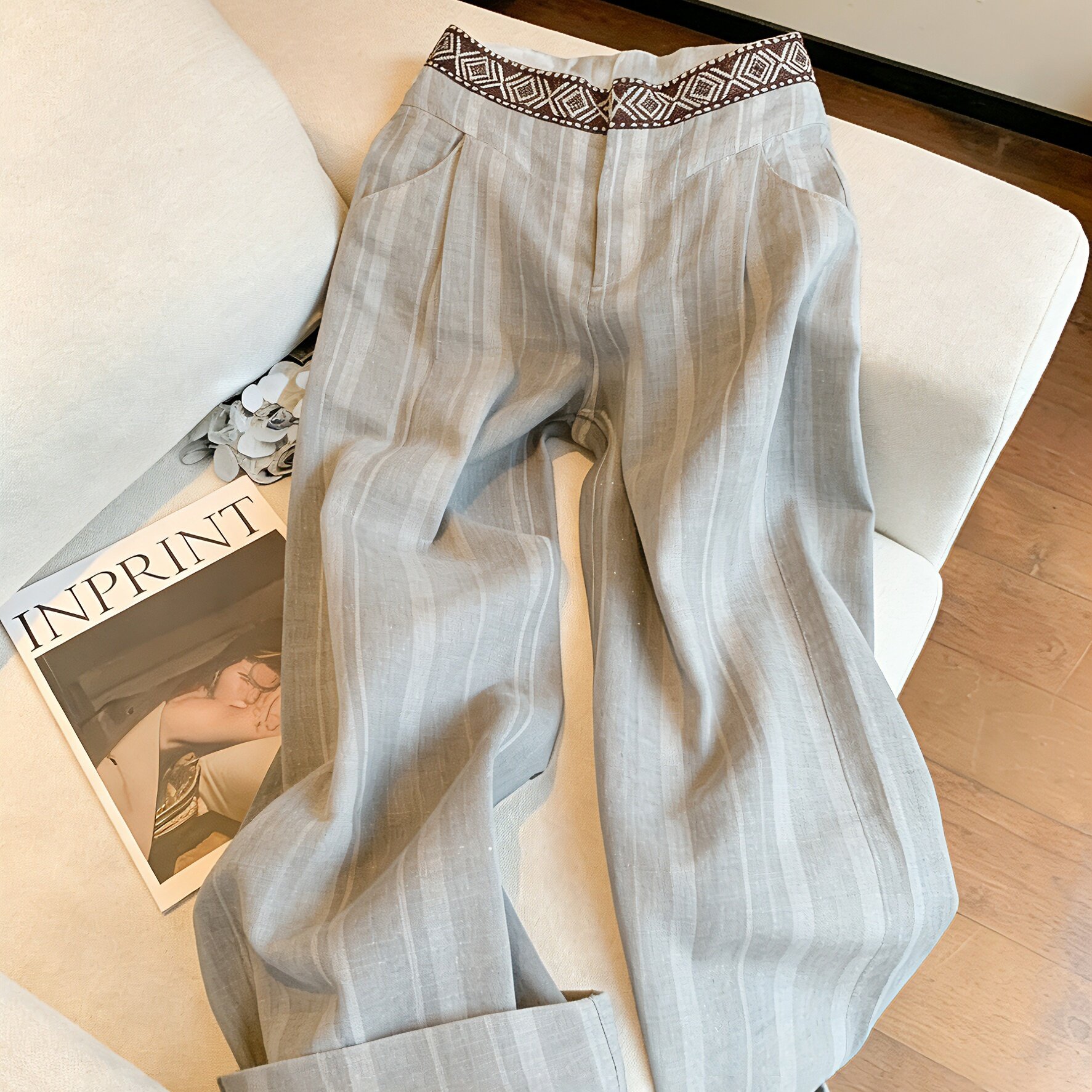 老钱风复古拼接高腰直筒休闲裤女夏季欧货时髦宽松显瘦百搭阔腿裤