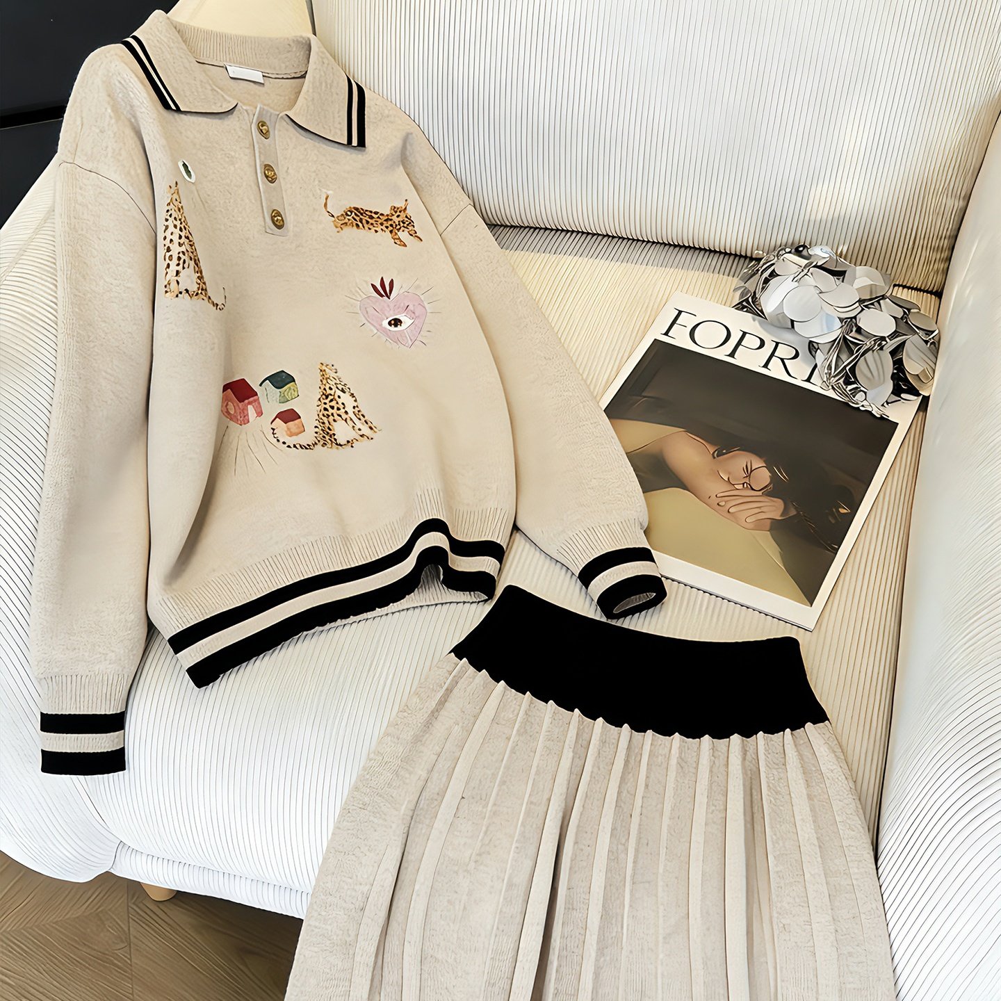 复古小香风穿搭一整套女春秋季韩系减龄撞色翻领针织短裙两件套潮,女装/女士精品,时尚套装,淘宝优惠券,粉丝福利购,淘宝优惠卷