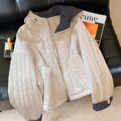 独特超好看别致格纹连帽夹棉外套秋冬宽松洋气小个子保暖棉衣棉服