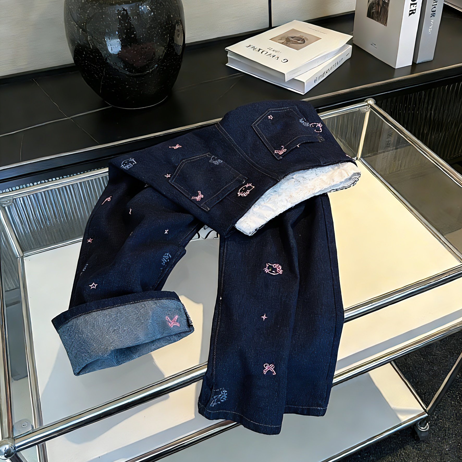 复古深蓝色减龄满印kitty猫咪牛仔裤春秋韩版时尚高腰显瘦阔腿裤,女装/女士精品,牛仔裤,淘宝优惠券,粉丝福利购,淘宝优惠卷