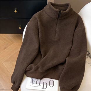 设计感复古羊羔绒立领半拉链卫衣女春秋时尚宽松加厚保暖套头上衣