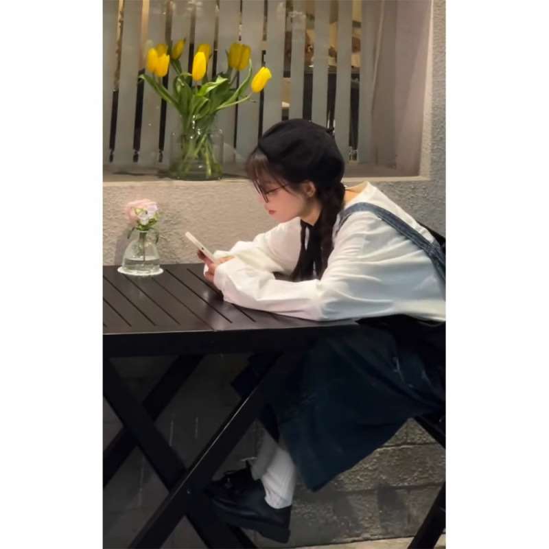 新款小个子韩系宽松bf慵懒风感深蓝色破洞阔腿牛仔背带裤