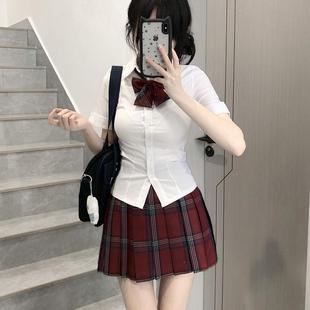 学院风红色格裙收腰衬衫 原创夏季 百褶裙短裙 39cm玄jk制服套装 正版