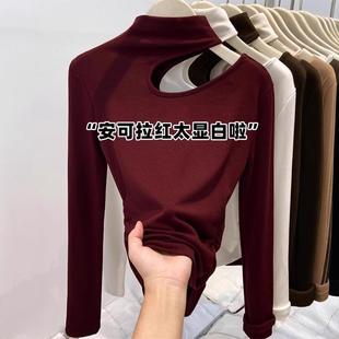 收腰大码 修身 内搭上衣 T恤女秋冬季 镂空半高领磨毛德绒保暖打底衫