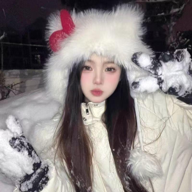 新款韩系凯蒂蝴蝶结帽子可爱动物时尚保暖KT猫毛绒帽子秋冬女