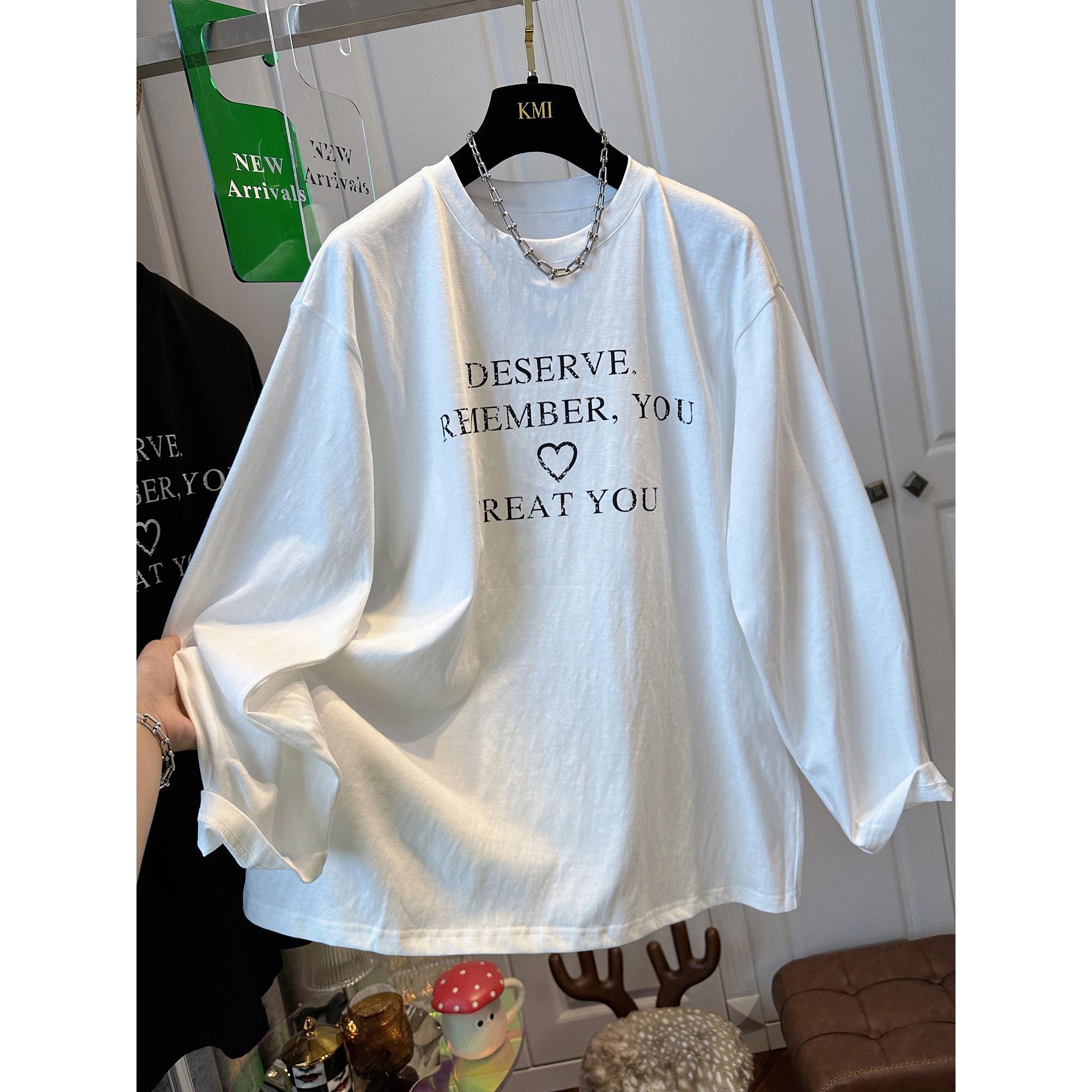 特大号150kg胖姐纯棉长袖女式t恤2024新款早秋懒人式下摆衬衫上衣