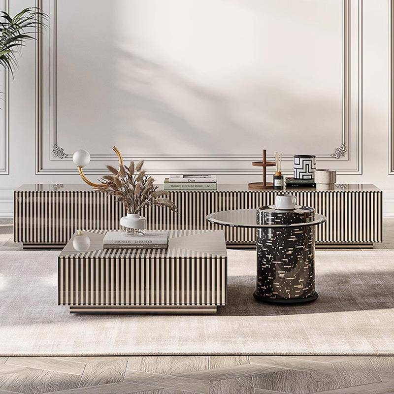 设计师款钢化玻璃茶几电视柜斑马纹条纹方形客厅组合茶几桌定制