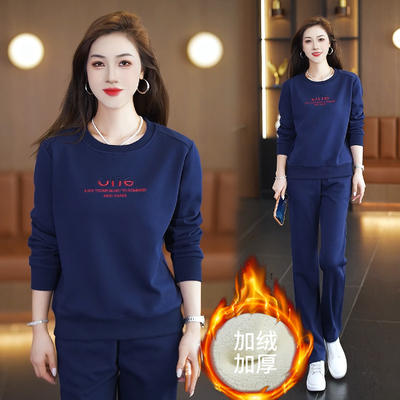 休闲运动服套装女2025冬季加绒加厚新款宽松显瘦圆领卫衣两件套