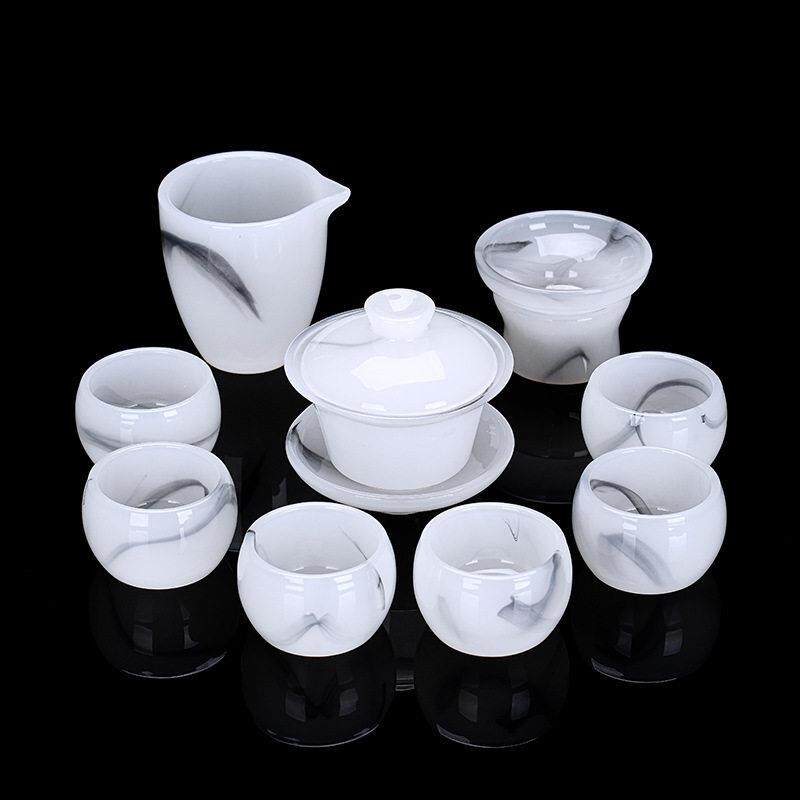 新款水墨琉璃功夫茶具套装家用高档白玉盖碗茶杯办公送礼全套礼盒