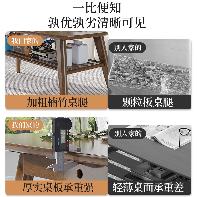 茶几桌客厅家用中式实木茶桌小户型竹桌子简单休闲餐桌两用高茶几