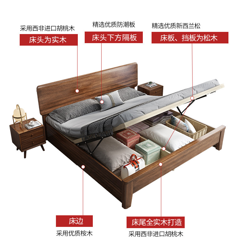 胡桃木双人床2米x2米大床实木2x22米超大床200220乘两米二加宽