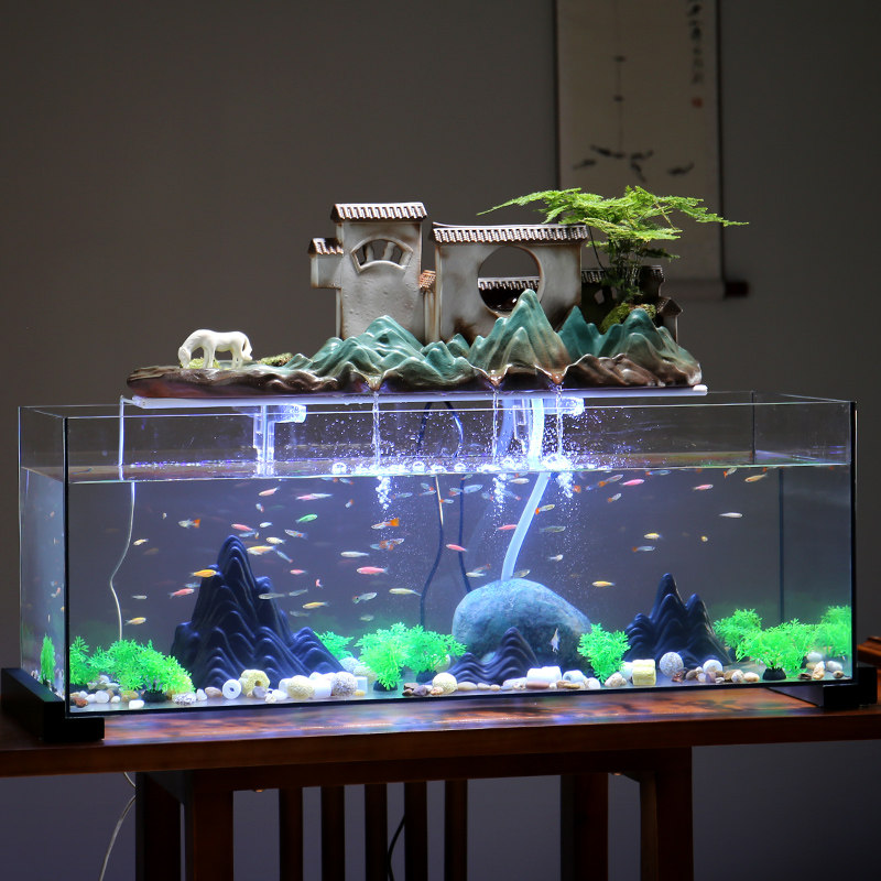 大玻璃鱼缸流水摆件玄关造景电视柜装饰办公室创意招财养鱼循环水